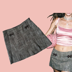 Vintage Brown Tweed Mini Skirt EU 42 – Bow Detail Pleated Hem